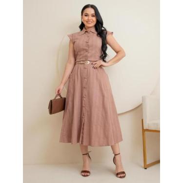Imagem de Vestido Feminino Midi com Botão Verão Casual Elegante Moderno - Fashio