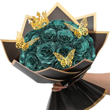 Imagem de Waipfaru Buquê de rosas com glitter, buquê de flores falsas faça você mesmo, flor artificial verde escuro, dia dos namorados, aniversário, noivado, casamento, 24 peças