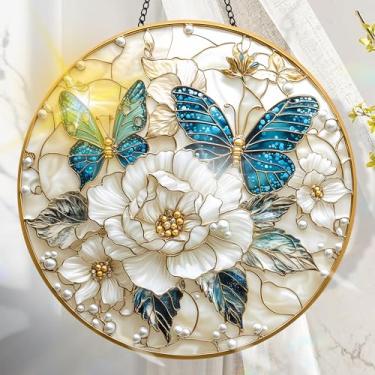 Imagem de Suncatcher acrílico colorido, decoração de janela suspensa de flores com design de vitral impresso, apanhador de sol, arte de parede de criador de arco-íris, ornamentos de Natal para uso interno e