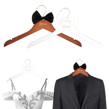 Imagem de DJAPWPX Pacote com 4 cabides de madeira para noivos, presente de casamento, conjunto de cabides de vestido de casamento com pérola de gravata borboleta, cabide de noiva para noivo (C)