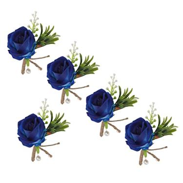 Imagem de Zerodis Rosa Boutonniere Casa Jardinagem Decoração de Casa Festivais Corsage Para Casamento 5 Pcs Flores Brancas Para Noivo E Noiva Ternos Rosa Boutonniere Flor Artificial Artesanal (Azul)