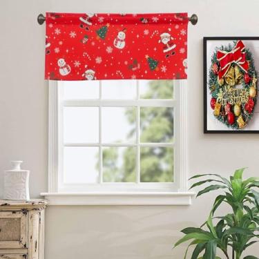 Imagem de Ladity Saia de Natal 132 x 45 cm, saia de cortina de janela festiva vermelha com estampa de boneco de neve e Papai Noel, sanefas de bolso para varão de filtragem de luz para decoração de casa, 1