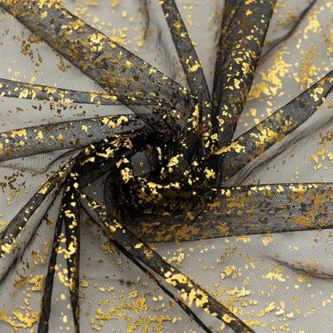 Imagem de P Pothuiny Tecido de tule com glitter, preto dourado com glitter, folha metálica, tecido brilhante para vestido de casamento, saia tutu, artesanato, embalagem de presente, decoração de pano de fundo