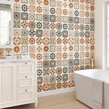 Imagem de EPPKILY Papel de parede Boho Peel and Stick Kitchen Backsplash papel de contato Boho Art Deco papel de parede para quarto banheiro paredes 39.9 cm x 299.7 cm papel de contato geométrico laranja