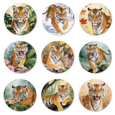 Imagem de ANATTASOUL Conjunto de 9 porta-copos de madeira coloridos com estampa de tigre presente de inauguração de casa redonda para casa nova, proteção de mesa de centro decorativa de 9,9 cm para decoração de