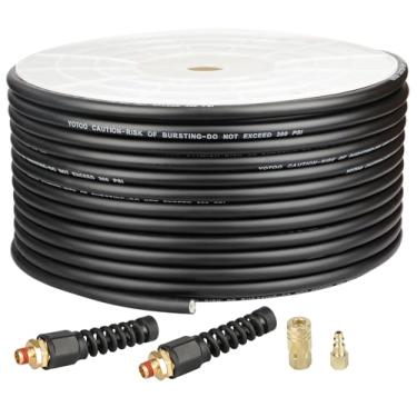 Imagem de YOTOO Mangueira de ar híbrida de 1/4 polegada por 250 pés 300 PSI resistente, leve, resistente a dobras, flexibilidade para todos os climas com conexões giratórias reutilizáveis de mangueira de ar