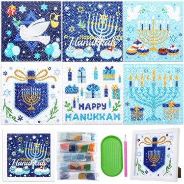 Imagem de Weysat 6 peças de arte de diamante Hanukkah ornamentos Chanucá diamante kit de pintura com molduras 5D DIY desenho animado Hanukkah pintura arte para crianças Chanucá artesanato mesa decoração festa