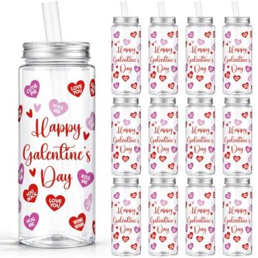 Imagem de Vesici 12 peças de presente feliz dia galentino 402.6 g copo de dia galentino com tampa e canudo copo reutilizável a granel presentes inspiradores copo de bebida fria para namorados romântico menina
