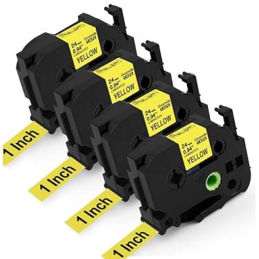 Imagem de Oozmas Etiqueta de substituição compatível para fita Tze-651 TZ 24 mm preta sobre amarelo 0,94 (1 polegada) padrão laminada Ptouch Tape compatível com Brother PT-P710BT PTD600 PTP750W Etiquetadora, pacote com 4