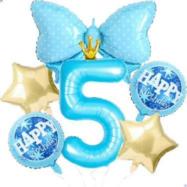 Imagem de Balões de princesa azul para decoração de festa de 5º aniversário da Cinderela, balão de coroa de ouro azul 101,6 cm Gaint balão de 5º aniversário para decoração de aniversário de princesa Cinderela