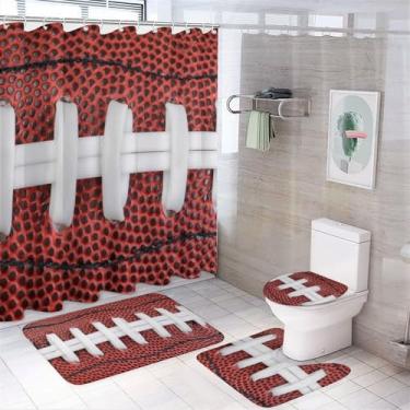 Imagem de MEIKKO Conjunto de 4 peças de cortina de chuveiro de futebol americano com tapetes antiderrapantes, tampa de vaso sanitário e tapete de banho, cortinas de chuveiro à prova d'água, conjunto de