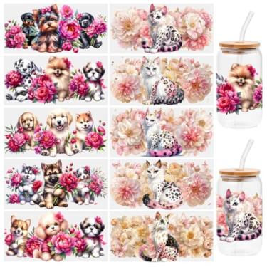 Imagem de 10 folhas de adesivos de transferência UV DTF para cães e gatos, para copo de vidro Libbey, decalques à prova d'água, etiqueta adesiva de plástico para decoração de garrafas e copos