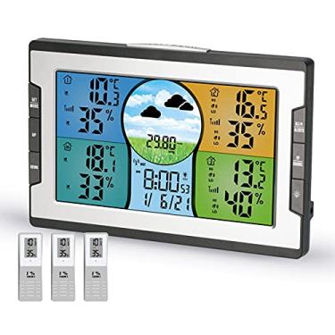 Imagem de Relógio Multifuncional Digital com 4 Canais RF Indicador de Temperatura e Umidade Interna Alarme Aviso Estação Meteorológica Previsão do Tempo Pressão Atmosférica Display Colorido Grande Luz Fundo Cal