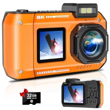 Imagem de Câmera digital 8K UHD de 70 MP com cartão de 32 GB, resistente, à prova de poeira, à prova de choque, câmera subaquática de tela dupla, selfie para mergulho com foco automático, câmera à prova d'água