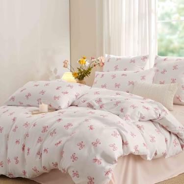 Imagem de Erwinmu Conjunto de capa de edredom para meninas, tamanho Queen, estampa de gravata borboleta rosa branca para adultos, crianças, estilo romântico, conjunto de capa de edredom de microfibra macia