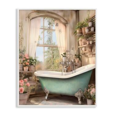 Imagem de Stupell Industries Banheiro com prateleiras cheias florais arte giclée emoldurada branca, design por letras e forrado, 50 x 40 cm