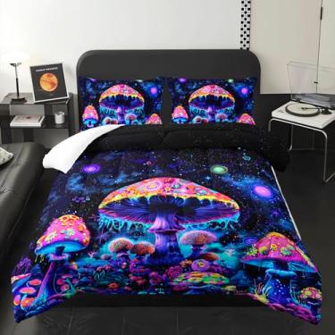 Imagem de lneffble Jogo de cama casal de cogumelo fantasia mágica, cogumelo galáxia, para crianças, com 1 edredom com 2 fronhas