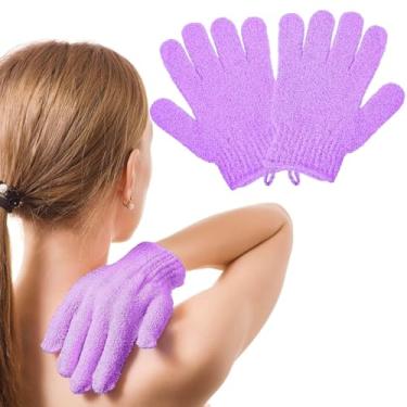 Imagem de Um par com cordão de luva esfoliante usa esponja de bucha, luva de esfoliação de banho reutilizável para homens e mulheres cuidados com a pele (roxo vermelho)