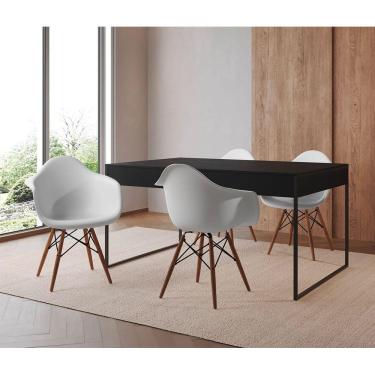 Imagem de Mesa Jantar Industrial Filadélfia Preta 137X90Cm Base Ferro Preto Com 4 Poltronas Brancas Preto