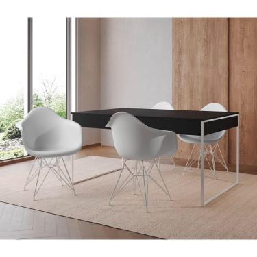 Imagem de Mesa Jantar Industrial Filadélfia Preta 137X90Cm Com 4 Poltronas Brancas Base Ferro Bra Preto