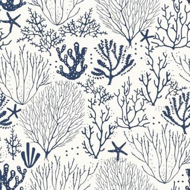 Imagem de Livelynine 17,5 x 276 papel de parede de praia azul e branco para banheiro à prova d'água para locatário marinho oceano praia papel de contato autoadesivo náutico coral mar estrela do mar vinil