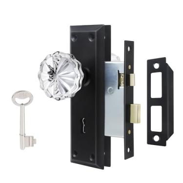 Imagem de ToPToToo Conjunto de 2 portas internas de fechadura de encaixe, maçanetas de vidro de cristal com trava e chave de esqueleto, substituição de maçaneta antiga, maçaneta antiga vintage, acabamento preto