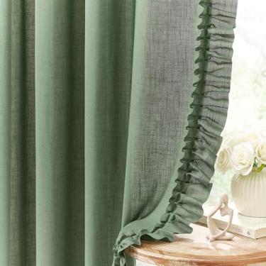 Imagem de Cortinas com babados verde-sálvia escura 182 cm de comprimento, 2 painéis, L 147 x C 196 cm, cortinas recortadas Boho Farmhouse com textura de linho para sala de estar, cortina de casa de campo