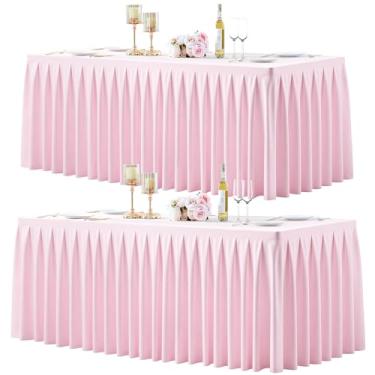 Imagem de Pacote com 2 toalhas de mesa retangulares rosa, 2,5 m, elástico, elastano para mesas retangulares de 2,3 m, toalhas de mesa para banquete, sem rugas, saia com babados, toalha de mesa para festa