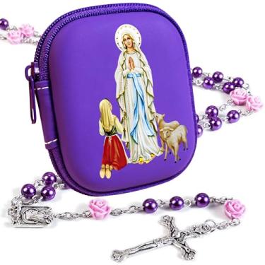 Imagem de PLONKLY Rosário Católico para Mulheres - Contas de Pérola com Cruz Clássica, Caixa de Oração com Zíper da Virgem Maria, Presentes de Primeira Comunhão, Joias de Confirmação de Batismo, 6mm, Zinco, Sem