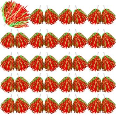 Imagem de Lenwen Pacote com 40 pompons de torcida esportes dança espirituosa pompom torcida pompom torcida com alças para adultos Rooters equipe esportiva festa de torcida (vermelho verde)