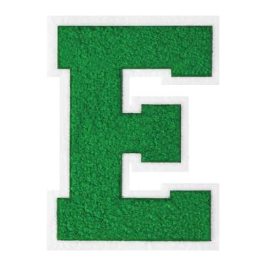 Imagem de 1 PÇ Patch de letra de chenille verde de 15 cm com borda branca – Remendos do alfabeto para roupas, jaquetas, mochilas, chapéus para decoração personalizada, nome personalizado e artesanato. (E)
