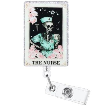 Imagem de Carretel de crachá de enfermeira de esqueleto engraçado, bonito porta-crachá retrátil com clipe jacaré, crachá médico Buddy para RN ED ICU CNA LPN LVN MA ER ou trabalhadores de enfermagem, professores