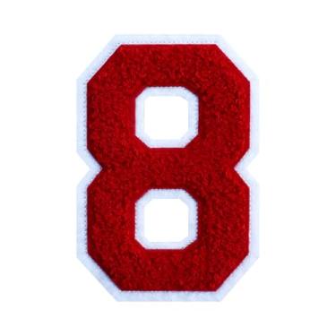 Imagem de 1 peça de patch de número de chenille vermelho de 11,4 cm com borda branca – Remendos do alfabeto para roupas, jaquetas, mochilas, chapéus para decoração personalizada, nome personalizado e artesanato