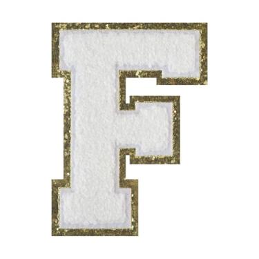 Imagem de 1 PÇ Patch de letra de chenille de ferro branco de 11,4 cm com borda dourada – Remendos do alfabeto para roupas, jaquetas, mochilas, chapéus para decoração personalizada, nome personalizado e