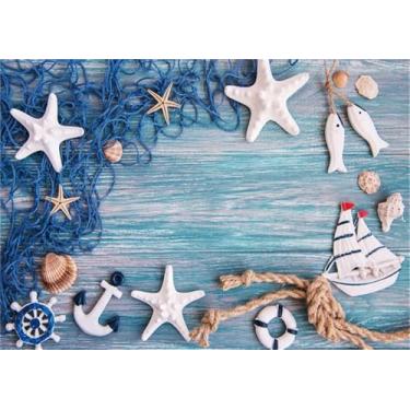 Imagem de XMJJKUF Fundo de fotografia com tema de oceano, 3 x 2,4 m, fundo de barco, de madeira, azul, leme, âncora, rede de pesca, estrela-do-mar, festa de aniversário, chá de bebê, faixa para decoração de