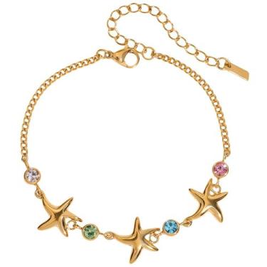 Imagem de Pulseira feminina banhada a ouro 18 quilates delicada com pingentes de estrela do mar, elegante pulseira de elos de corrente de ouro