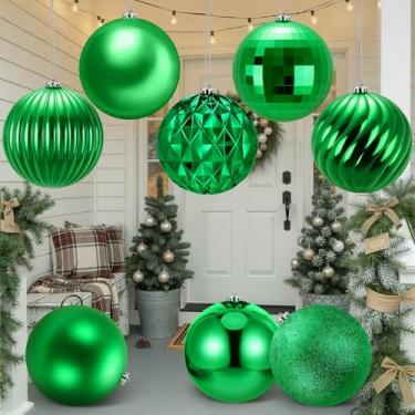Imagem de Zubebe 8 bolas de Natal grandes de 15 cm (150 mm), 8 estilos, bolas de Natal gigantes de plástico, grandes e grandes, para pendurar ao ar livre, para decoração de árvore de Natal (verde)