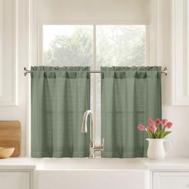 Imagem de Ebesto Sage Green Farmhouse Cortinas de cozinha camadas 76 cm comprimento conjunto de 2 painéis, cortinas de linho sintético de tecido macio para acampamento de porão de banheiro de meia janela