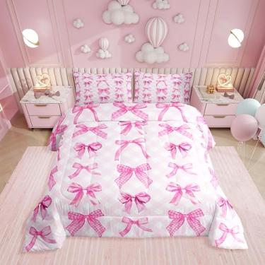 Imagem de Erosebridal Conjunto de edredom completo com laço rosa fofo para decoração de quarto, laço rosa de princesa, nó de laço sonhador, conjunto de edredom rosa quadriculado, 2 fronhas