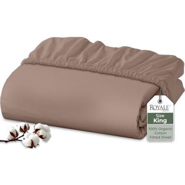 Imagem de Royale Linens Lençol com elástico 100% algodão orgânico – tecido percal – lençol de baixo com bolso profundo super macio – lençol King size elástico – somente lençóis King – (198 x 203 cm + 38 cm
