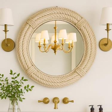 Imagem de HIGHBIX Espelho de parede de corda de juta rústico estilo náutico de fazenda para banheiro, sala de estar ou entrada – Moldura de corda de juta feita à mão costa vintage boho decoração de parede para