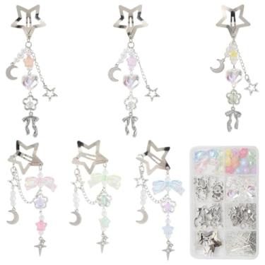 Imagem de SUNNYCLUE 1 caixa faça você mesmo 6 conjuntos de clipes de cabelo com borlas de estrela kit de grampos de cabelo pacote de grampos de cabelo estrelas lua laço bonito grampos de cabelo com borlas de