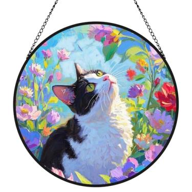 Imagem de Qigfucm Apanhador solar de vidro floral estilo óleo de 19 cm, lindos designs de animais de jardim, vitrais florais coloridos, decoração de casa de inauguração de casa (vaca gato)