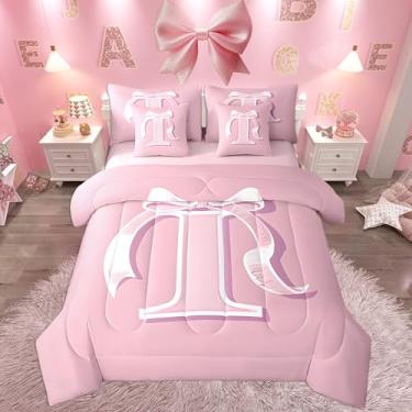 Imagem de jejeloiu Conjunto de cama com laço rosa, tamanho casal, feminino, romântico, ultramacio, letra I, conjunto de 7 peças, presente personalizado para meninas adolescentes em uma bolsa com edredom,