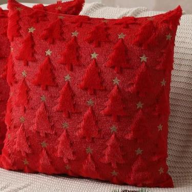 Imagem de BECNBEAU Conjunto de 2 capas de travesseiro de Natal com árvore de Natal de pelúcia, festivais de inverno, decorações de casa para sofá e sala de estar (vermelho e estrela, 45,72 cm x 45,72 cm (pacote