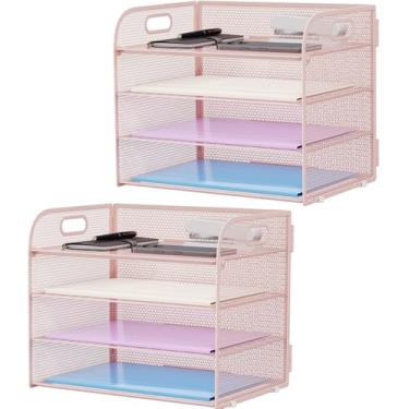 Imagem de Marbrasse Pacote com 2 bandejas organizadoras de papel de 4 camadas – organizador de arquivos de mesa de malha com alça, organizador de papel para suporte de pasta de arquivo de carta/A4 (rosa, 32 x