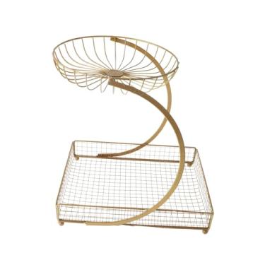Imagem de AFXGUSD Fruteira, Cesta de Legumes em Arame de Ferro com Várias Camadas, Recipiente para Lanches com Design Arejado E Estrutura Estável para, Sala de, Ouro 2 Camadas, Tamanho real