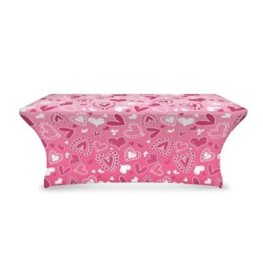 Imagem de Uorisanigo Toalha de mesa com estampa de coração rosa 1,8 m para mesa retangular elástica elastano para mesas dobráveis de 1,8 m capa para decoração de festa do dia dos namorados