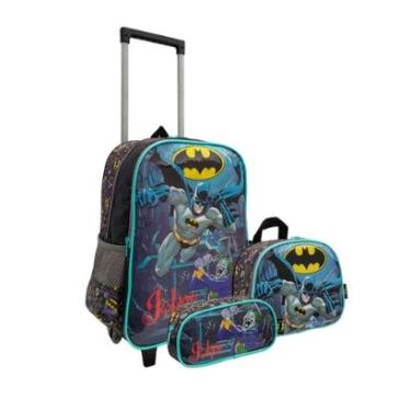 Imagem de Kit Mochila Escolar Infantil Juvenil 2 Rodas com Lancheira Estojo Batman Dc-Unissex