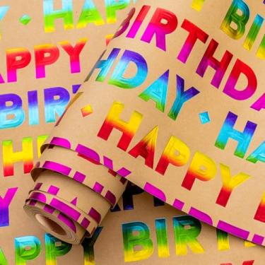 Imagem de Homeral Rolo de papel de embrulho de aniversário 3D Kraft - Mini rolo - 43 cm x 40 cm - Letras coloridas de feliz aniversário com brilho metálico para presente para meninos e meninas chá de bebê